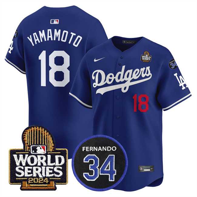 Men's Los Angeles Dodgers #18 Yoshinobu Yamamoto Royal 2024 World Series With Fernando Memorial Patch Limited Stitched Baseball Jersey,We sell and wholesale Men's Los Angeles Dodgers #18 Yoshinobu Yamamoto Royal 2024 World Series With Fernando Memorial Patch Limited Stitched Baseball Jersey on line form chian!
